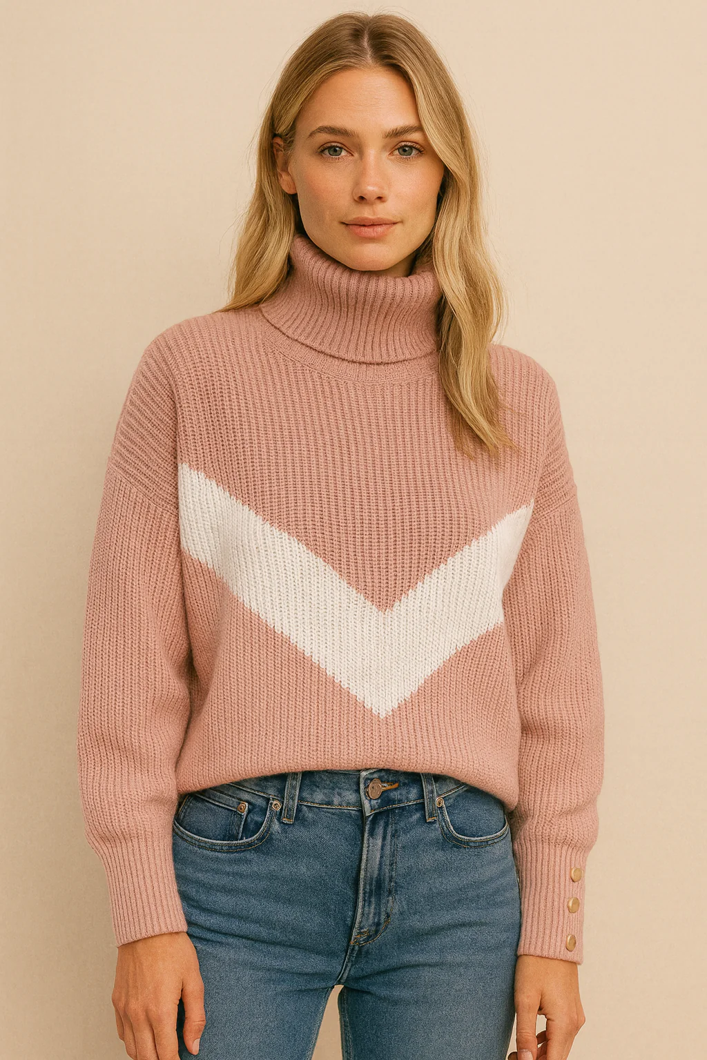 Althea – modny damski sweter z golfem, wzorem w literę V i kolorowymi wstawkami