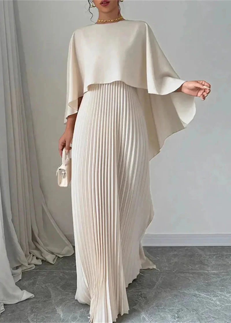Anna | Elegancka plisowana sukienka maxi z peleryną i drapowanym krojem - Image 3