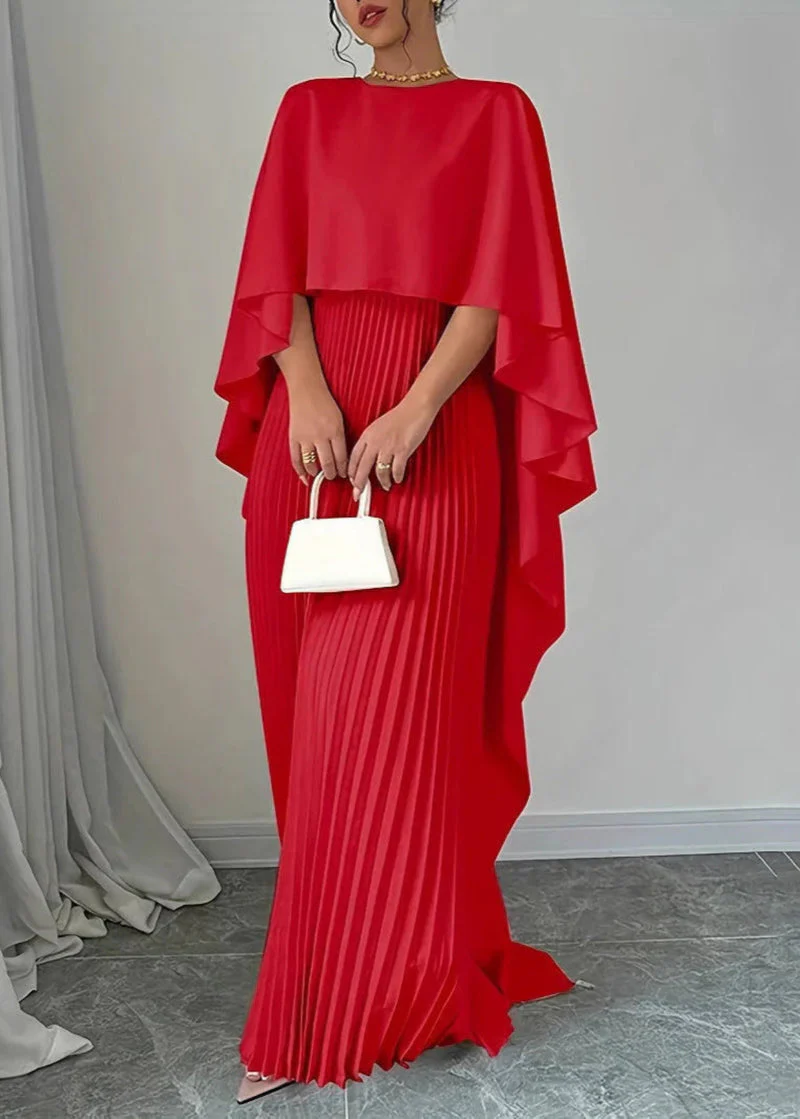Anna | Elegancka plisowana sukienka maxi z peleryną i drapowanym krojem - Image 4