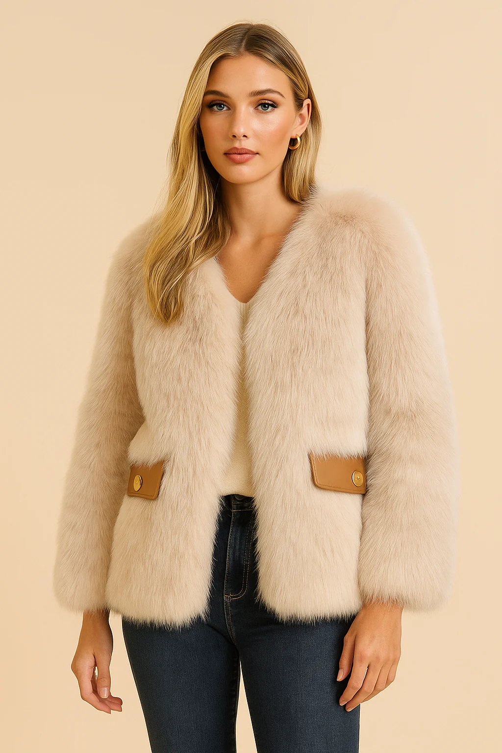 Blanche – Elegancka, modna, luksusowa kurtka damska z kieszeniami, wykonana z imitacji futra