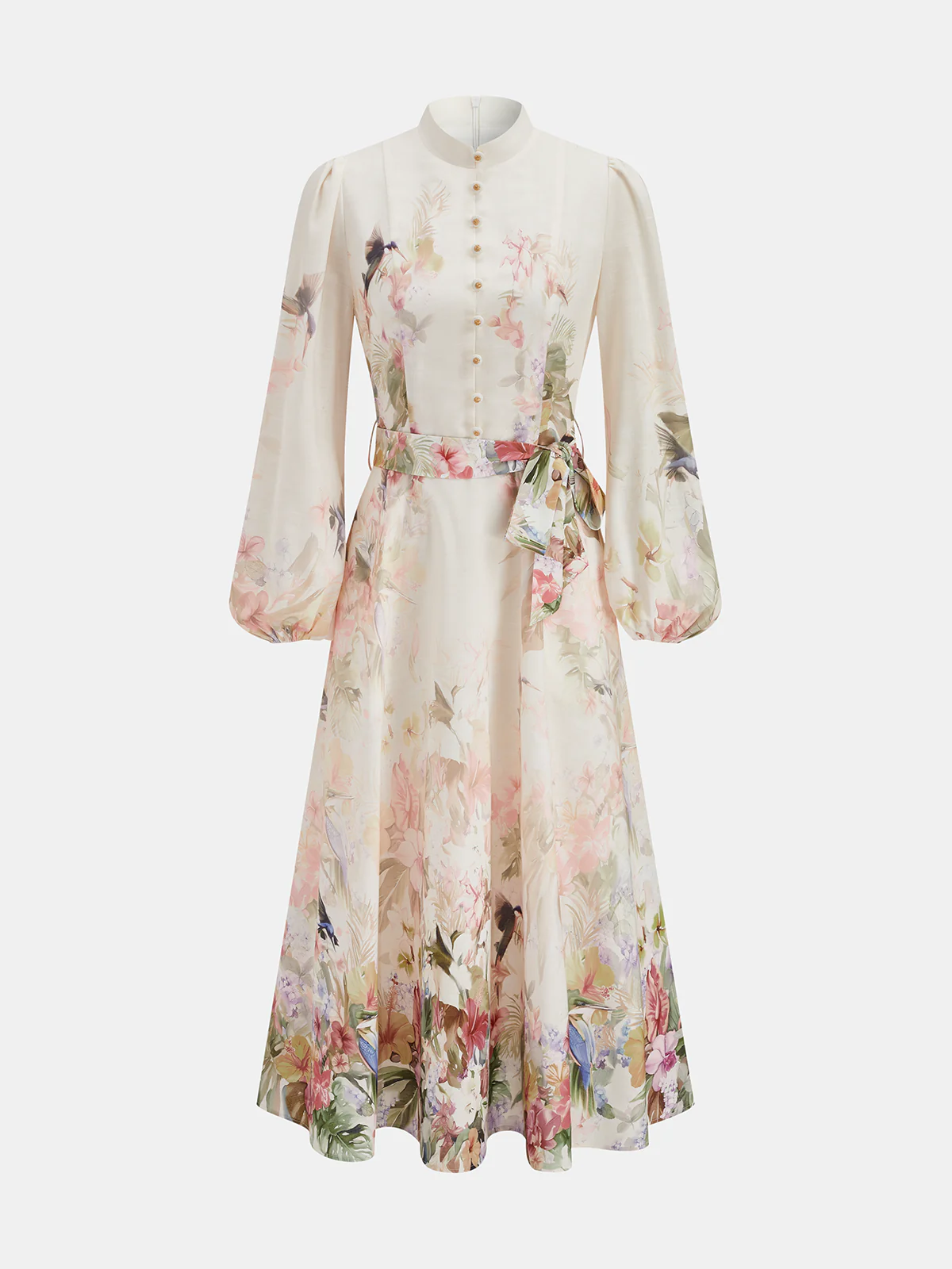 Carlene | Sukienka maxi w kwiatowy print z bufkami i paskiem w talii