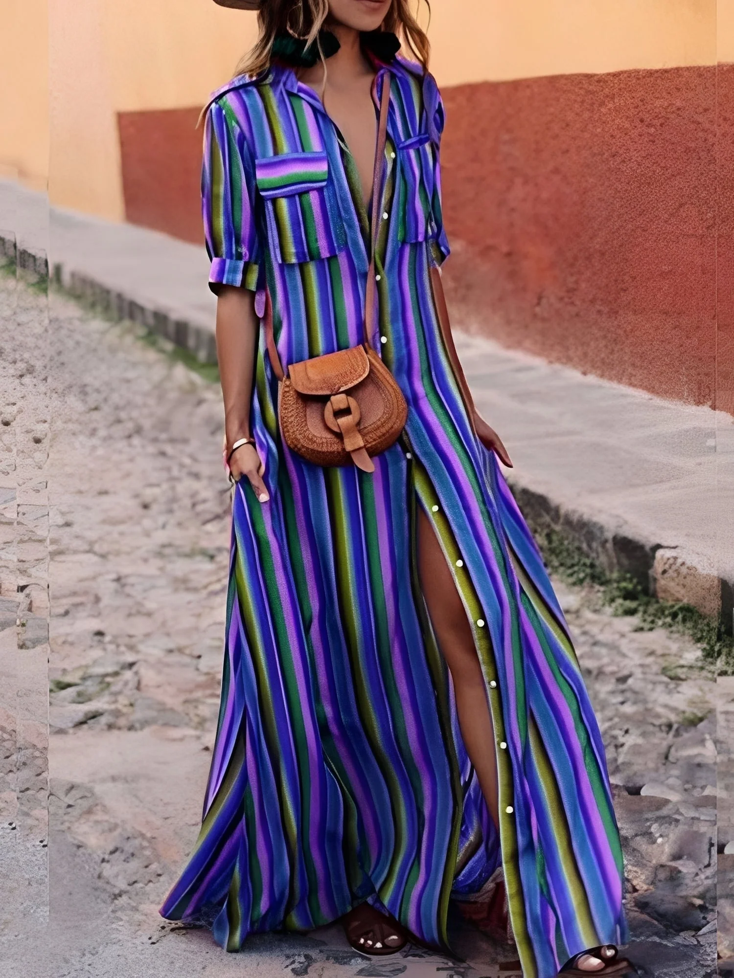 Cary | Sukienka damska maxi w paski elegancka klasyczna - Image 3