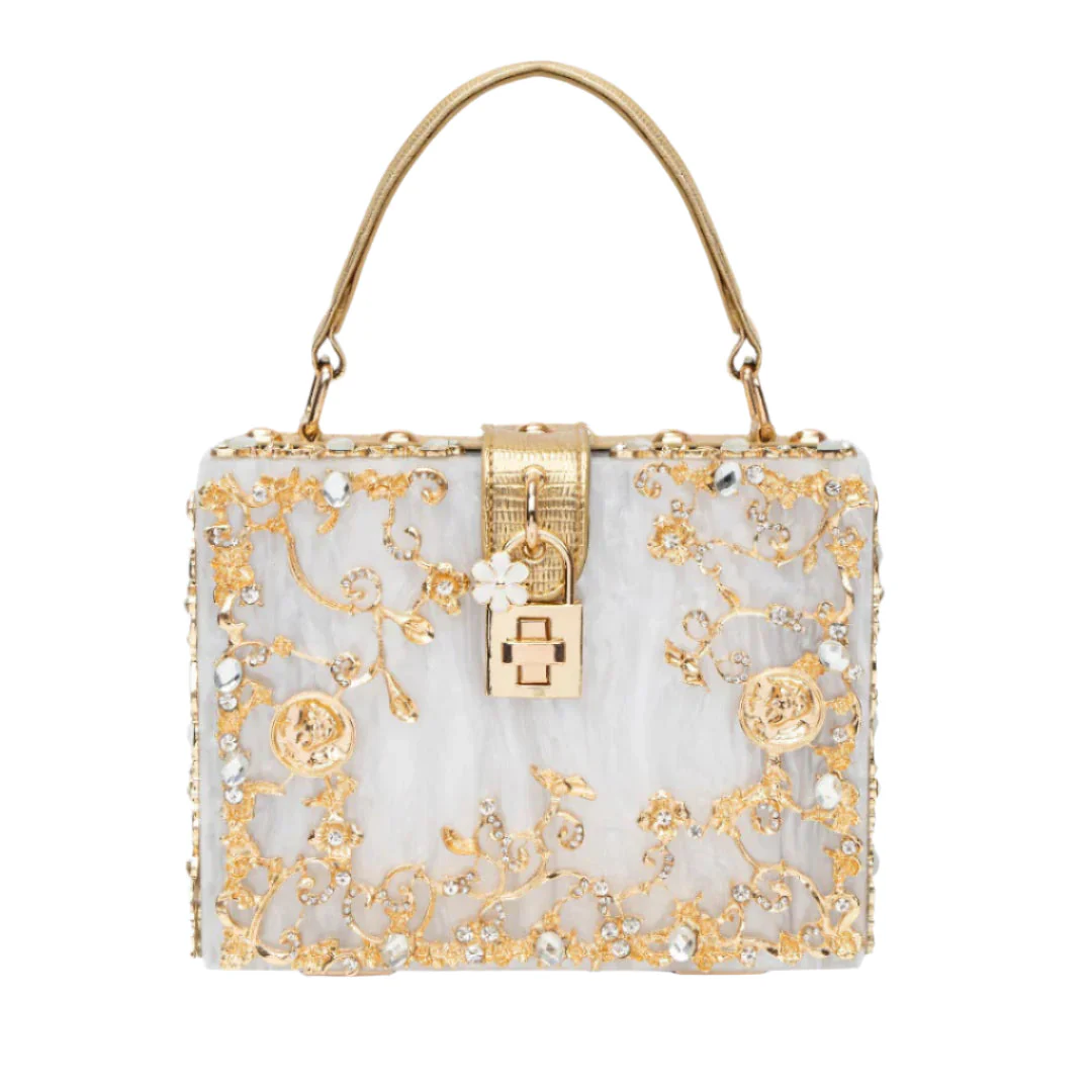 Cathy | Ekskluzywna torebka box bag, luksusowy design, złote detale kwiatowe, eleganczne metalowe zapięcie - Image 2