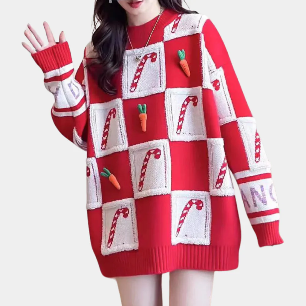 Ceri - Damski świąteczny sweter oversize z motywem lasek cukrowych - Image 2
