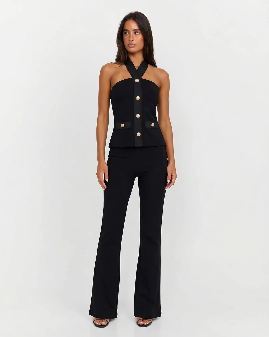 Cody | Czarny komplet damski co-ord z halter neck, elegancki i nowoczesny