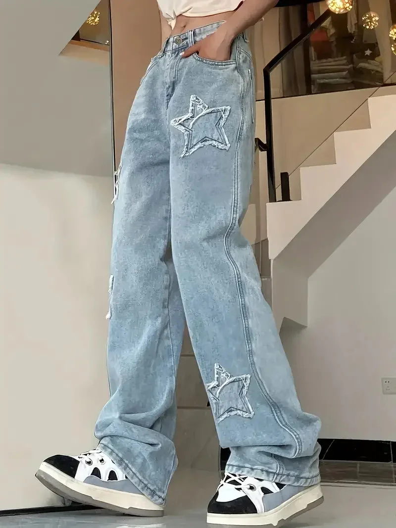 Danna - Damskie Jeansy z Wysokim Stanem z Aplikacjami Gwiazd i Szerokimi Nogawkami - Image 4