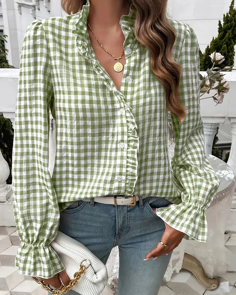Emerald | Elegancka bluzka damska w kratę gingham z falbaną