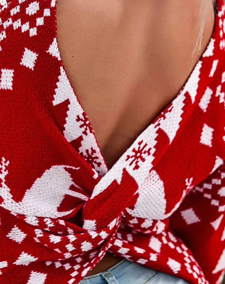Hazel - Czerwony świąteczny sweter damski z reniferem i odkrytymi plecami - Image 4