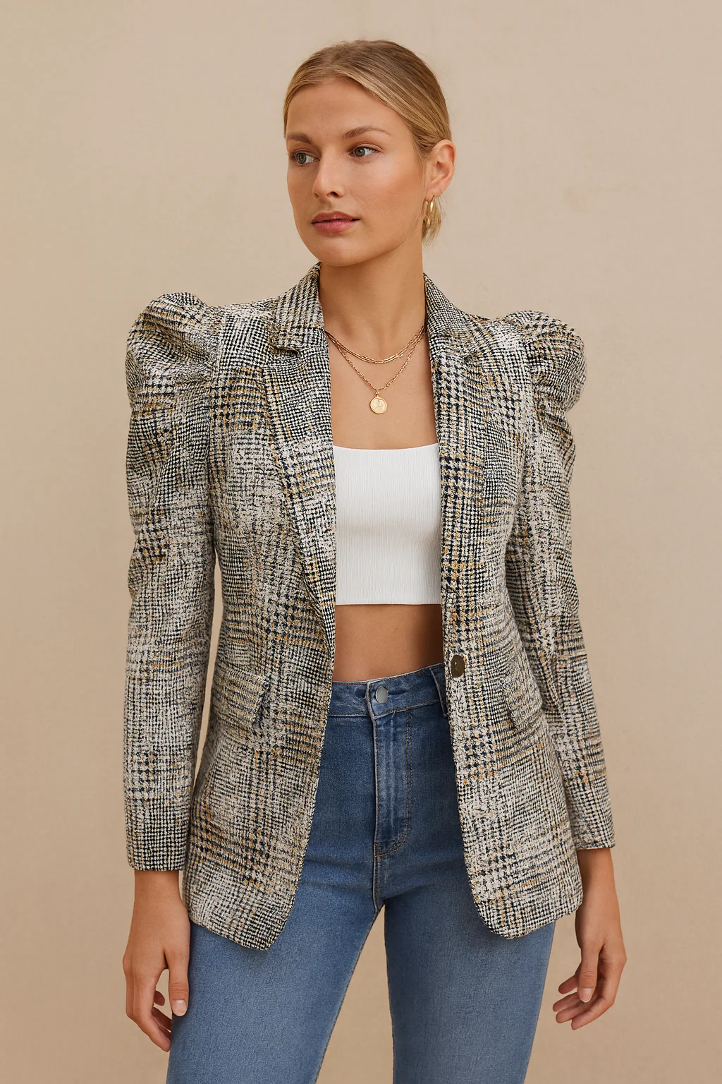 Hunter - Elegancka, stylowa marynarka w kratę z bufiastymi rękawami dla kobiet