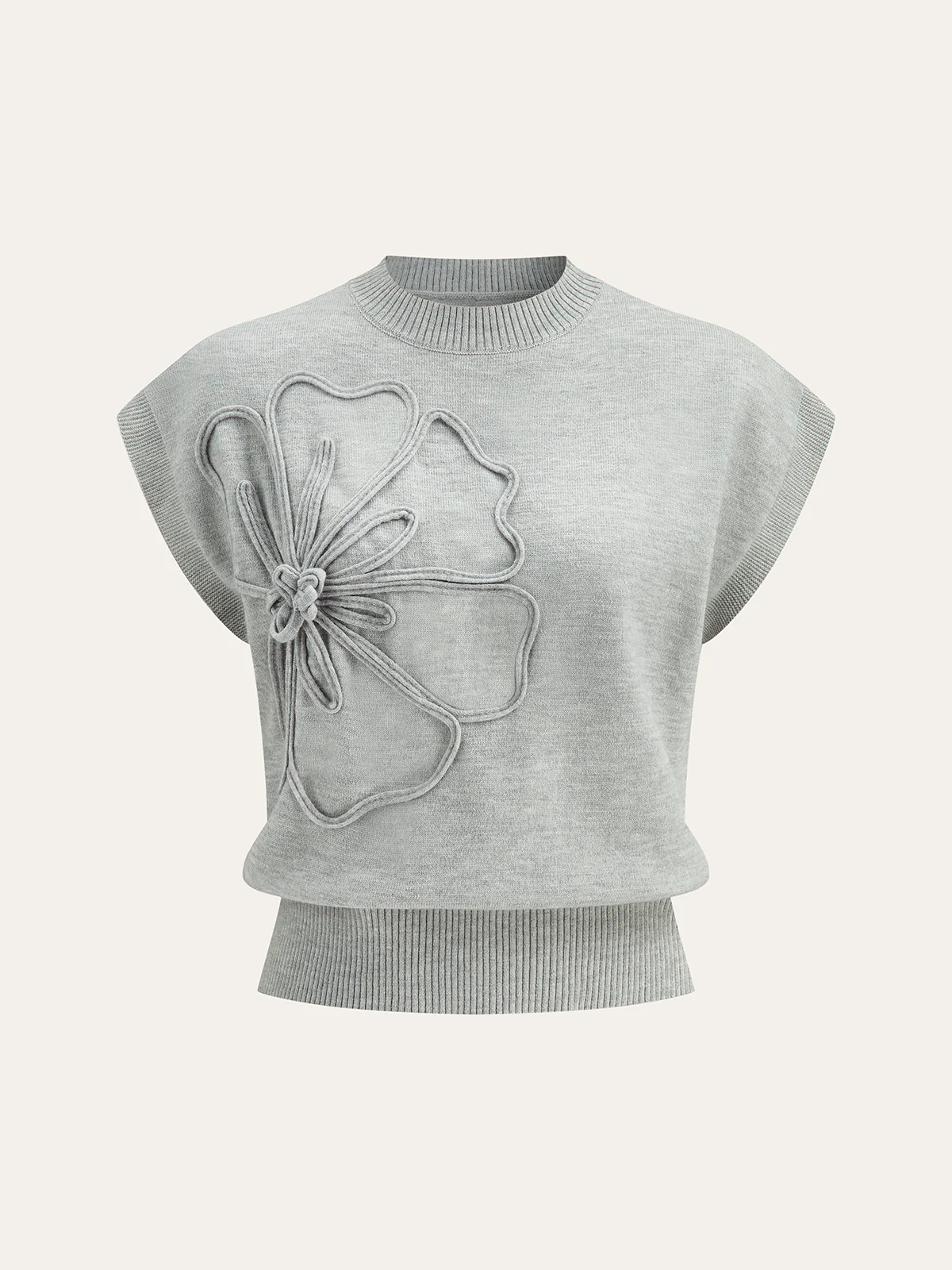Iona | Damski dzianinowy top z aplikacjami kwiatowymi i krótkimi rękawami typu cap sleeve