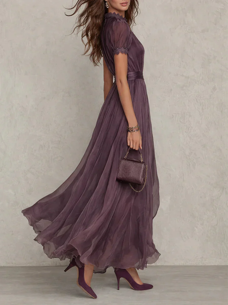 Karrie | Sukienka maxi damska szyfonowa z wysokim kołnierzem elegancka fioletowa - Image 3