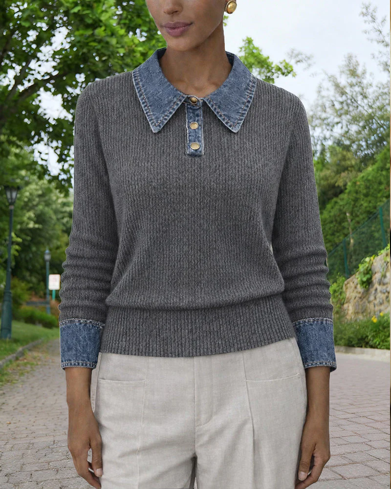 Kinga | Casualowa damska koszulka polo z denimu i patchworkiem