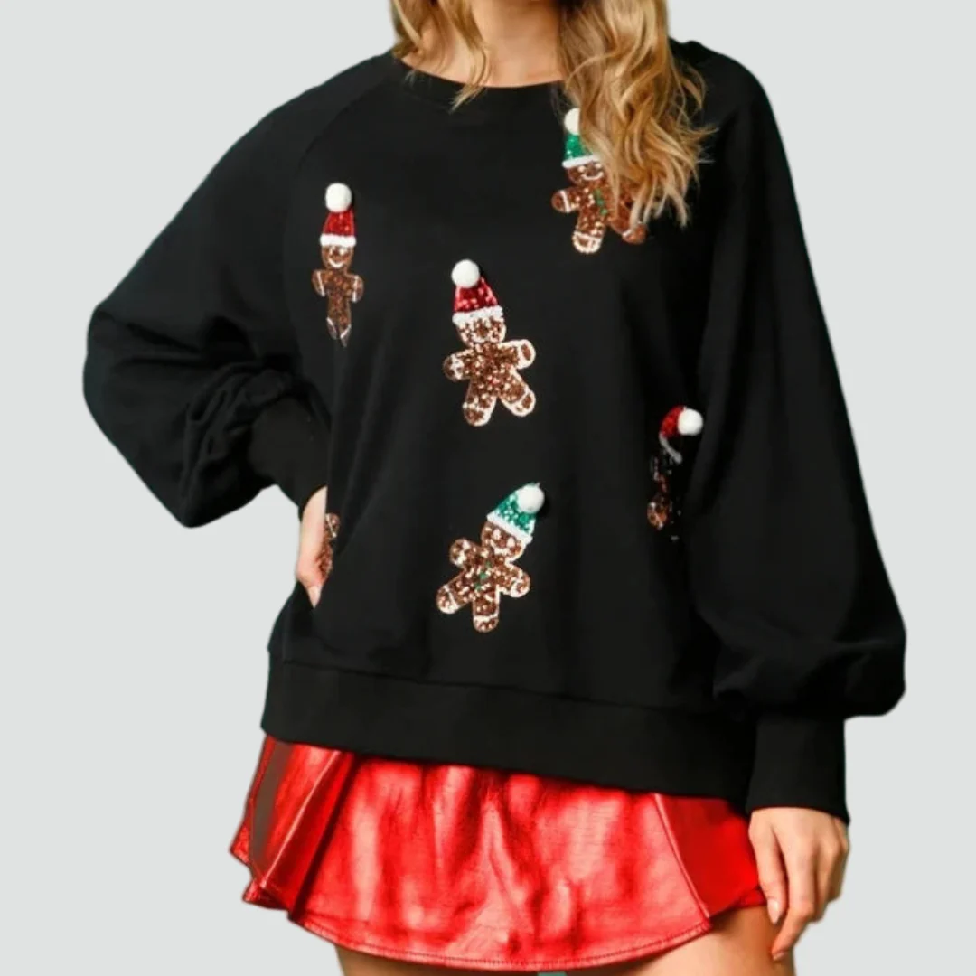 Lena - Damski cekinowy sweter świąteczny z piernikowymi ludzikami - Image 2