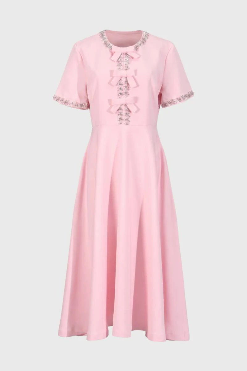 Leona | Sukienka midi damska różowa z eleganckimi detalami kokardą - Image 2