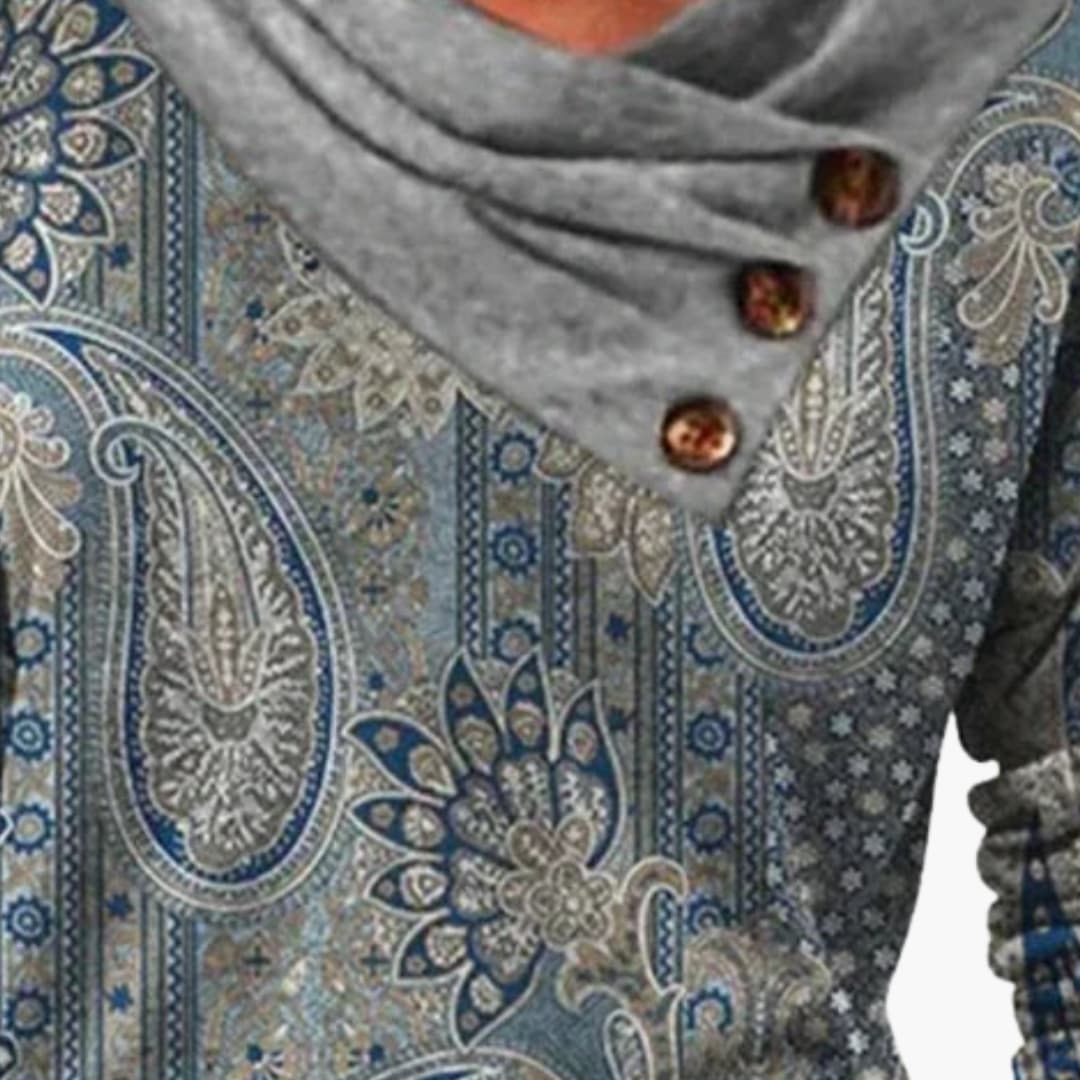 Maja - Sweter damski z drapowanym kołnierzem i ozdobnym wzorem - Image 2