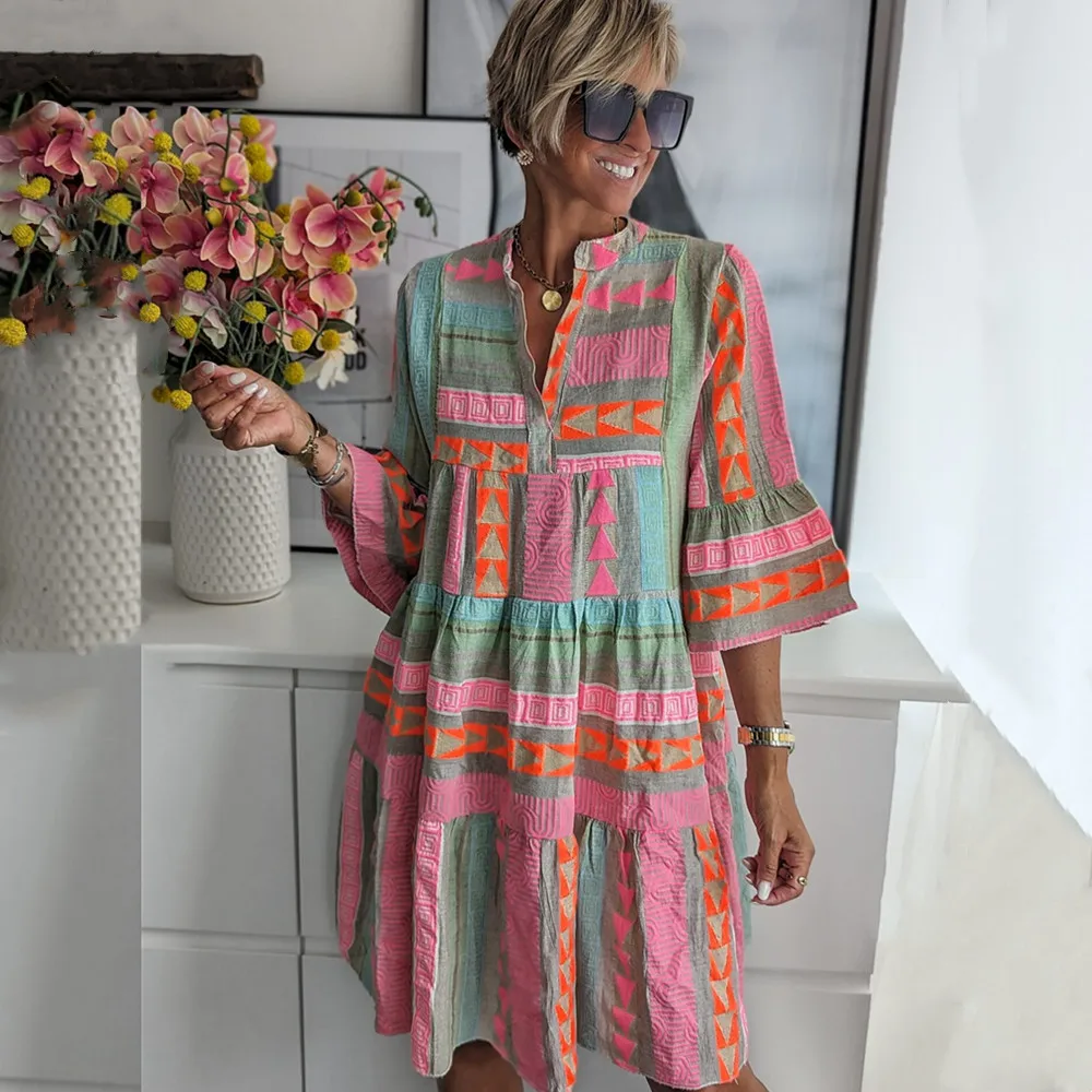 Melanie | Sukienka damska midi w stylu boho z patchworkowym wzorem
