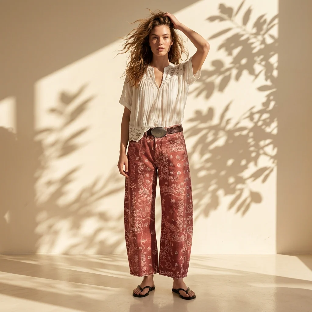 Michelle | Damskie jeansy barrel z wysokim stanem i wzorem paisley