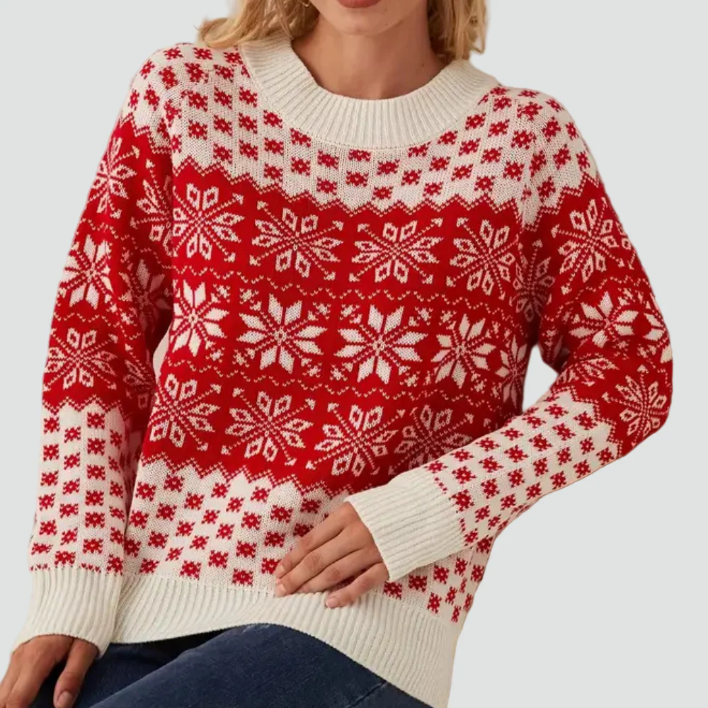 Nancy - Czerwono damski świąteczny sweter z płatkami śniegu - Image 4