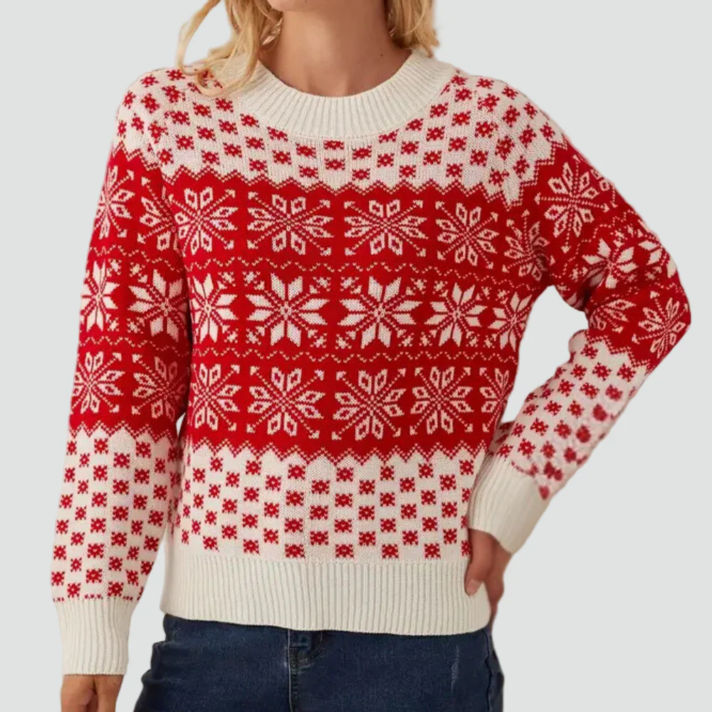 Nancy - Czerwono damski świąteczny sweter z płatkami śniegu - Image 6