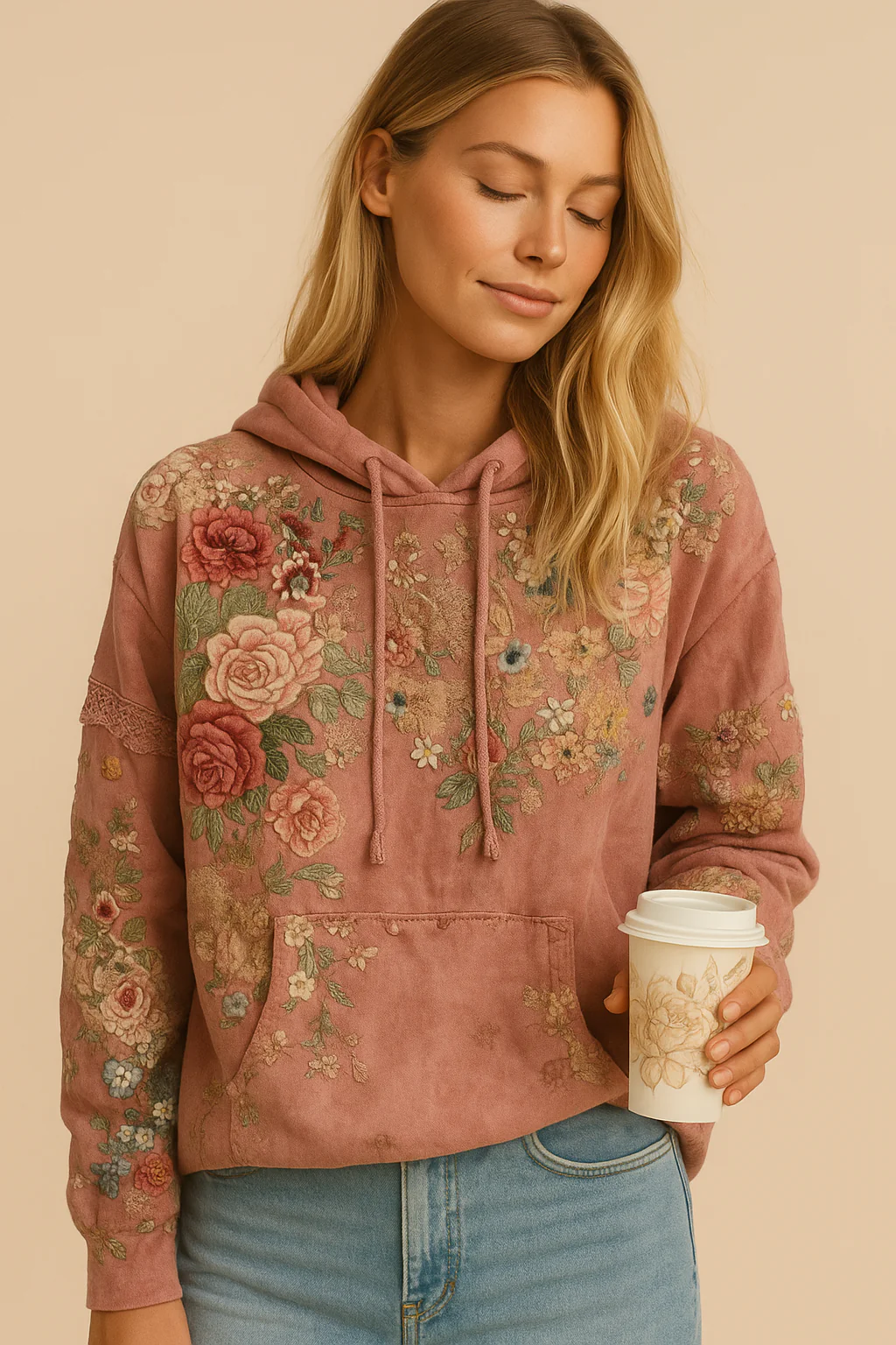 Pepper - Damski sweter z kapturem w stylu vintage barokowym z kobiecym kwiatowym nadrukiem