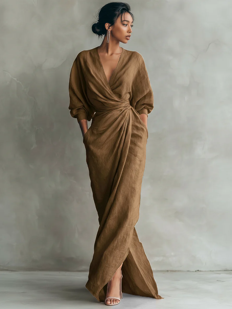 Rosamund | Sukienka maxi damska różowa minimalistyczna z lnu z dekoltem - Image 5