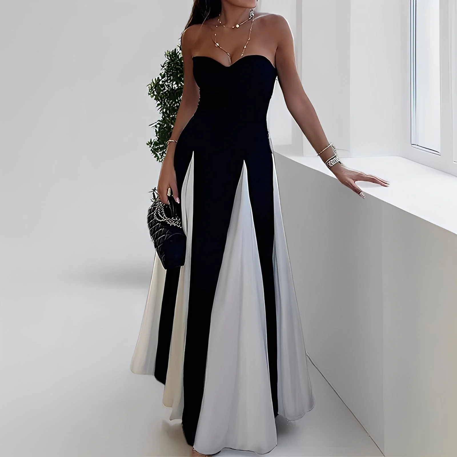 Selena - Elegancka kontrastowa sukienka z dużym brzegiem dla kobiet - Image 3